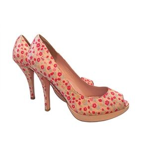 Betsey Johnson Satin Rose Heels in Baby Pink